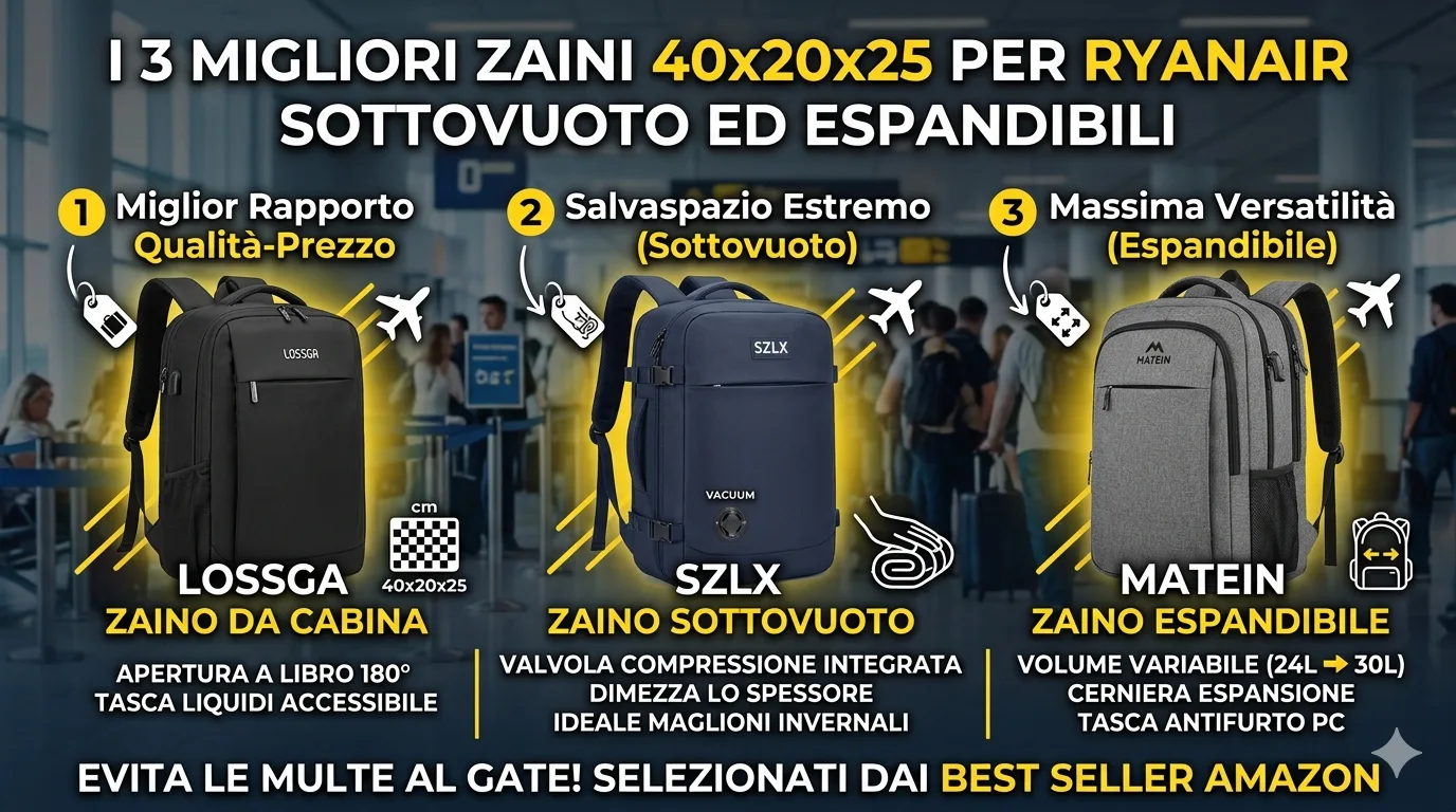 3 Migliori Zaini 40x20x25 Ryanair Sottovuoto ed Espandibili