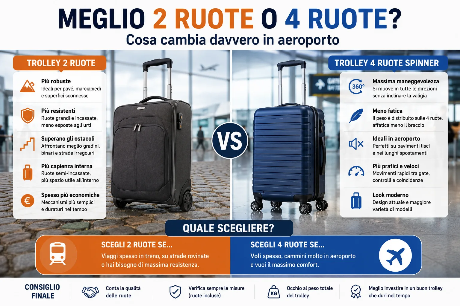 Meglio Trolley 2 Ruote o 4 Ruote? Cosa Cambia Davvero in Aeroporto